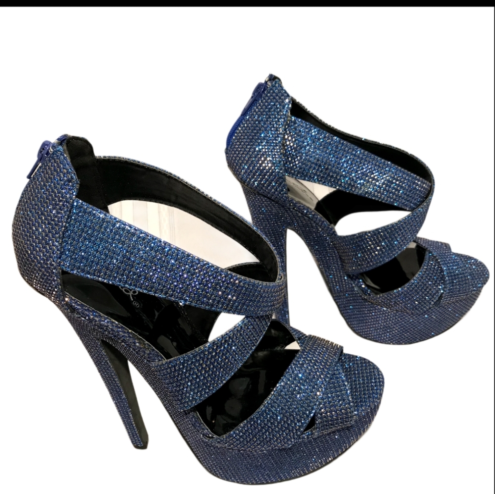 Qupid Studded Jewel Blue Sparkly Platform High Heels Shoes Size 9